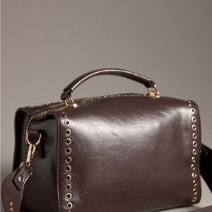 Anthropologie Dark Brown Leather Top-Handle Crossbody with Gold Eyelets